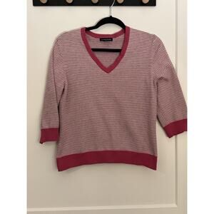 LANDS END Cotton Sweater L Pink/white Striped V-neck Pullover Sz M 10-12